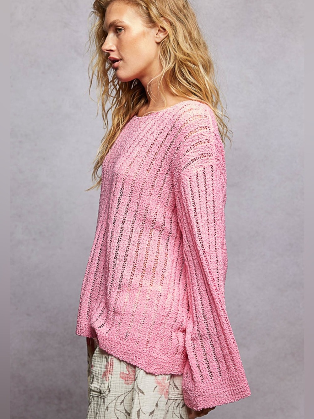 ❤️Hello Gorgeous! POL Round Neck Long Sleeve Open Weave Sweater- Barbie Pink